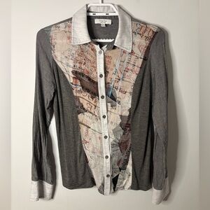 Gray Button-Down Shirt with Printed Front Panel